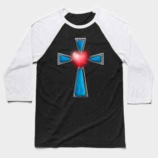 Cross Blue Stones Ruby Red Heart Baseball T-Shirt